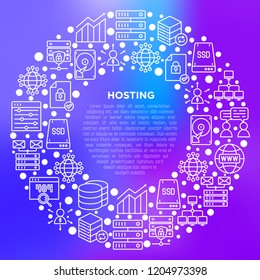 Hosting concept in circle with thin line icons: VPS, customer support, domain name, automated backup, SSD, control panel, secure server, local network, SSL. Vector illustration for print media.