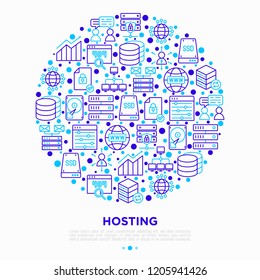 Hosting concept in circle with thin line icons: VPS, customer support, domain name, automated backup, SSD, control panel, secure server, local network, SSL. Vector illustration for banner, print media