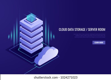 Conceito de hospedagem com armazenamento de dados em nuvem e sala de servidor. Rack de servidor com cloud.Ilustração vetorial em estilo isométrico