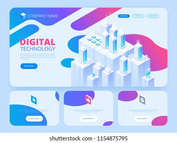 Hosting concept with cloud data storage and server room. Server rack with cloud. Header template. Vector illustration in Isometric style