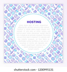 Hosting concept with thin line icons: VPS, customer support, domain name, automated backup, SSD, control panel, secure server, local network, SSL. Modern vector illustration for banner, print media.