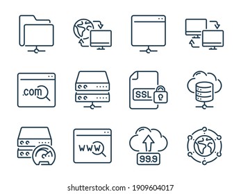 Hosting, Data server and Network storage related vector line icons. Host infrastructure and Database outline icon set.