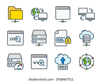 Hosting, Data Server And Network Storage Related Vector Color Line Icons. Host Infrastructure And Database Colorful Outline Icon Set.