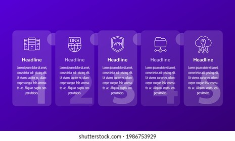 hosting, dns and vpn infographics, 1, 2, 3, 4, 5 steps banner design with line vector icons