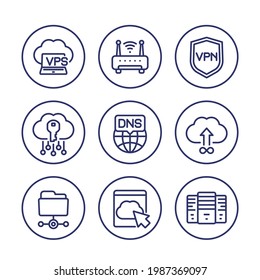 hosting, dns and vpn line icons set on white