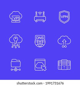 hosting, dns and vpn line icons set