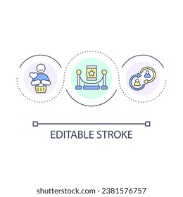 Hosting event for loyal customers loop concept icon. Exclusive giveaways. Networking space abstract idea thin line illustration. Isolated outline drawing. Editable stroke. Arial font used