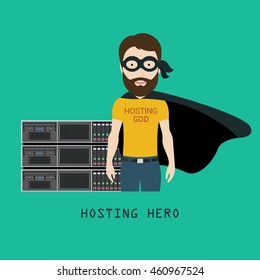 Hosting Hero in front of Servers Rack