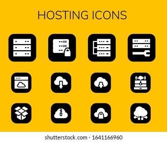 hosting icon set. 12 filled hosting icons.  Simple modern icons such as: Server, Cloud, Dropbox, Zip cloud, Database, Cloud download, computing