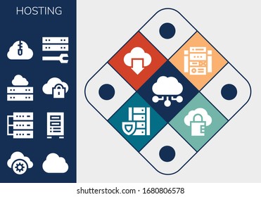 hosting icon set. 13 filled hosting icons. Included Cloud computing, Cloud storage, Database, Server, Zip cloud, Web site icons