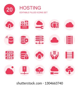 hosting icon set. Collection of 20 filled hosting icons included Cloud upload, Rack, Cloud, Data storage, Icloud, Server, Database, Cloud computing, Domain, Hosting