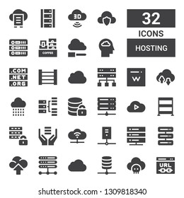 Hosting Icon Set. Collection Of 32 Filled Hosting Icons Included Url, Cloud, Database, Icloud, Server, Cloud Computing, Rack, Hosting, Domain, Computing Cloud, Data