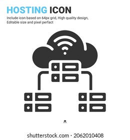 Vector de icono de hospedaje con estilo de glifo aislado en fondo blanco. Icono de símbolo de signo de servidor en nube de ilustración vectorial para TI digital, logotipo, industria, tecnología, aplicaciones, web y todo el proyecto