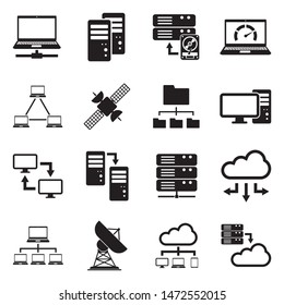 Hosting Icons. Black Flat Design. Vector Illustration.