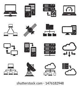 Hosting Icons. Black Scribble Design. Vector Illustration.