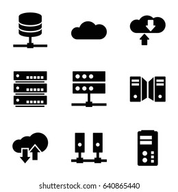 Hosting icons set. set of 9 hosting filled icons such as cloud, download upload cloud, server