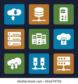 Hosting icons set. set of 9 hosting filled icons such as download upload cloud, server, download cloud