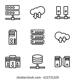 Hosting icons set. set of 9 hosting outline icons such as download upload cloud, server
