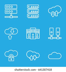 Hosting icons set. set of 9 hosting outline icons such as cloud, download upload cloud