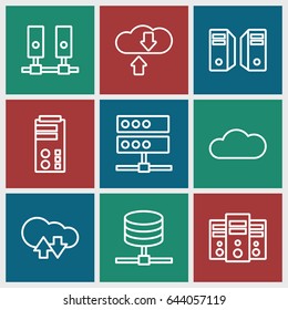 Hosting icons set. set of 9 hosting outline icons such as cloud, server, cloud download upload