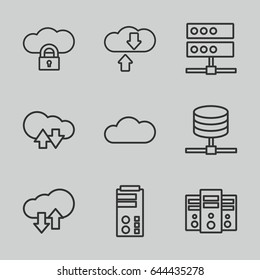 Hosting icons set. set of 9 hosting outline icons such as cloud, download upload cloud