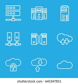 Hosting icons set. set of 9 hosting outline icons such as cloud, server