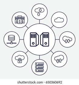 Hosting icons set. set of 9 hosting outline icons such as cloud, download upload cloud