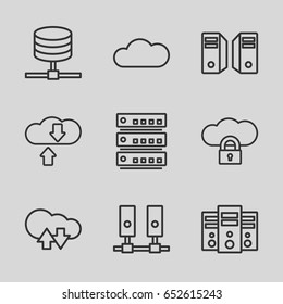 Hosting icons set. set of 9 hosting outline icons such as cloud, server