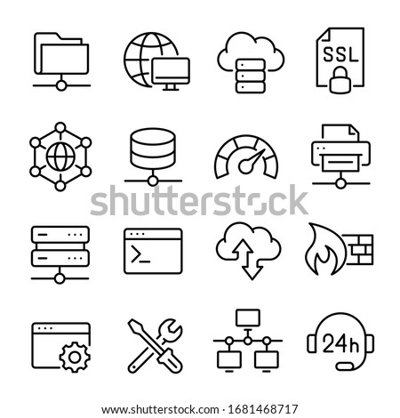 Hosting and local network icon set, communication for connection. Internal network, system hosting the webserver. Vector line art illustration