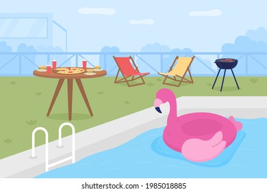 Hosting outdoor party flat color vector illustration. Barbecue season. Celebrating birthday with pool. Summertime relaxation. Backyard 2D cartoon party decor with swimming pool on background