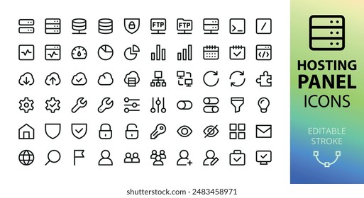 Iconos de UI del Panel de alojamiento. Conjunto de servidor de Web, almacenamiento en la nube, servidor ftp, ssl, Configuraciones de alojamiento, Cuenta, antivirus, panel de control de administración, clúster de servidores, icono de Vector de red con trazo editable