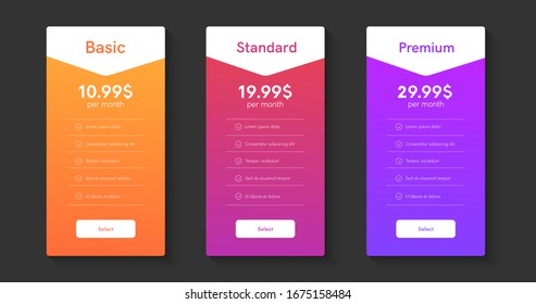 Hosting plans colums. Price list web boxes. 3 tarrifs ui tables for website.