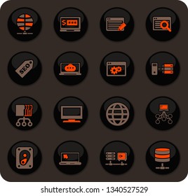 Hosting provider color vector icons on dark background for user interface design