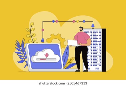 Concepto de proveedor de alojamiento con diseño plano moderno para el Web. Hombre que trabaja en la Asistencia técnica del proveedor de Internet, mantiene el trabajo del centro de datos, supervisa el tráfico y el sistema de seguridad. Ilustración vectorial.
