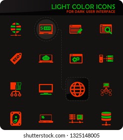 Hosting provider easy color vector icons on dark background for user interface design