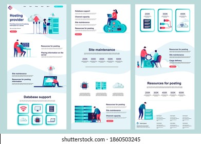 Hosting-Provider flache Landing-Seite. Datenbankunterstützung, Cloud-Rechenzentrum Corporate Website Design. Webbanner-Vorlage mit Header, mittlerem Inhalt, Fußzeile. Vektorgrafik mit Menschen-Zeichen.