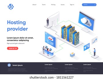 Hosting provider isometric landing page. Website hosting service isometry concept. Internet provider hardware and software technology flat design. Vector illustration with people characters.