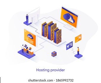 Hosting provider isometric web banner. Website hosting service isometry concept. Internet provider hardware technology, technical support 3d scene design. Vector illustration with people characters.