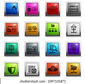 hosting provider web icons in square colored buttons for user interface design