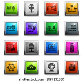 hosting provider web icons in square colored buttons for user interface design