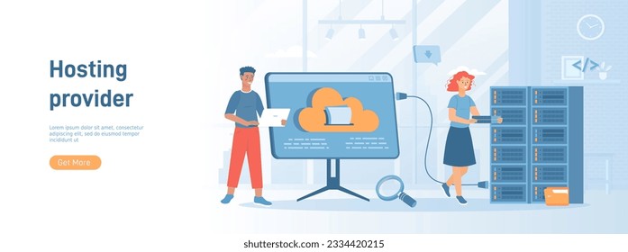 Proveedor de hospedaje. Servicio de hospedaje de sitios web, hardware de proveedores de Internet y tecnología de software. Concepto plano para material promocional en medios sociales. Banner del sitio web sobre fondo blanco.