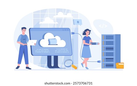 Hosting provider. Website hosting service, internet provider hardware and software technology. Vector illustration with characters in flat design for web banner.	
