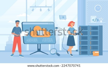 Hosting provider. Website hosting service, internet provider hardware and software technology. Flat cartoon vector illustration with people characters for banner, website design or landing web page