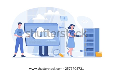 Hosting provider. Website hosting service, internet provider hardware and software technology. Vector illustration with characters in flat design for web banner.	
