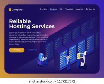 Hosting room and people in flat 3d isometric style. Computation of big data center, database, information processing. Engineers are busy servicing the server. Modern vector illustration concepts.