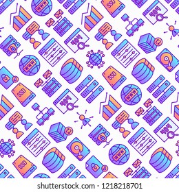 Hosting seamless pattern with thin line icons: VPS, customer support, domain name, automated backup, SSD, control panel, secure server, local network, SSL. Modern vector illustration.