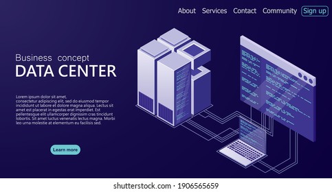 Hosting Server Or Data Center Room Concept. Isometric Data Center. Isometric Servers Vector Design. Concept Of Big Data Processing Center. Data Center. Vector Illustration