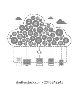 Hosting server database network and cloud service icons infographics, clouds computing electronics connection, isolated vector illustration on white background. 