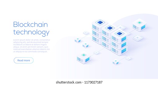 Ilustração vetorial isométrica do servidor de hospedagem. Data center 3D abstrato ou fundo blockchain. Layout do cabeçalho do site da infraestrutura de mainframe de rede. Armazenamento de computador ou estação de trabalho agrícola.