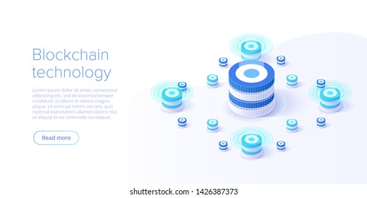 Ilustração vetorial isométrica do servidor de hospedagem. Fundo abstrato de datacenter ou blockchain. Layout do site da infraestrutura de mainframe de rede. Armazenamento de computador ou estação de trabalho agrícola.